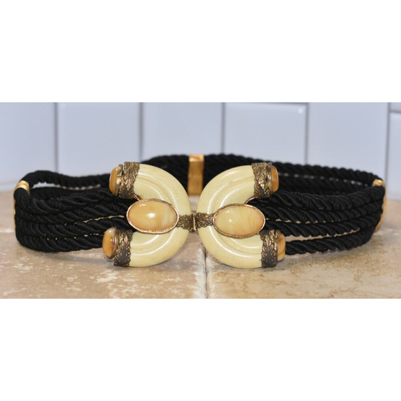 Vintage Sonia Petroff Aries Jeweled Cabochon Buckle Twisted Black Cord Belt Aries Twisted Cord Belt - Blue Multi – Sonia Petroff main image 4